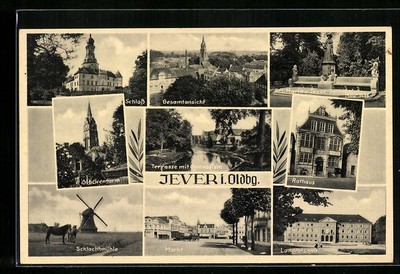 Jever, Glockenturm, Schlachtmühle, Rathaus, Ansichtskarte 