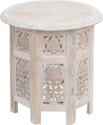 Hand-Carved Vintage Boho Folding End Table - White Wash - 18'' Round