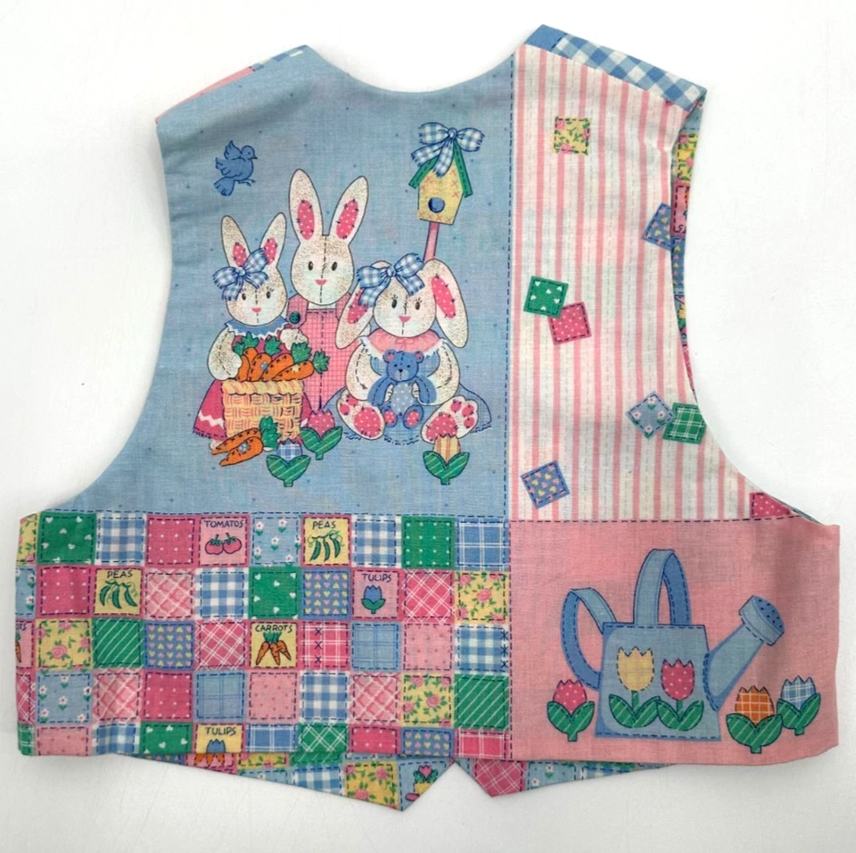 Garden Bunnies Childrens Handcrafted Reversible Novelty Vest Small Blue Cotton - Image 2 of 4