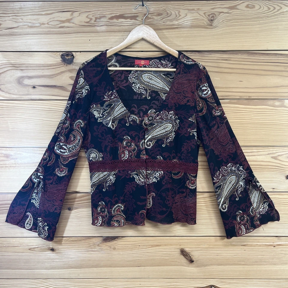 Sangria кардиган рубашка 12 Vig 90-х годов Y2K пейсли кружева кнопка разрез Bell рукав B101
