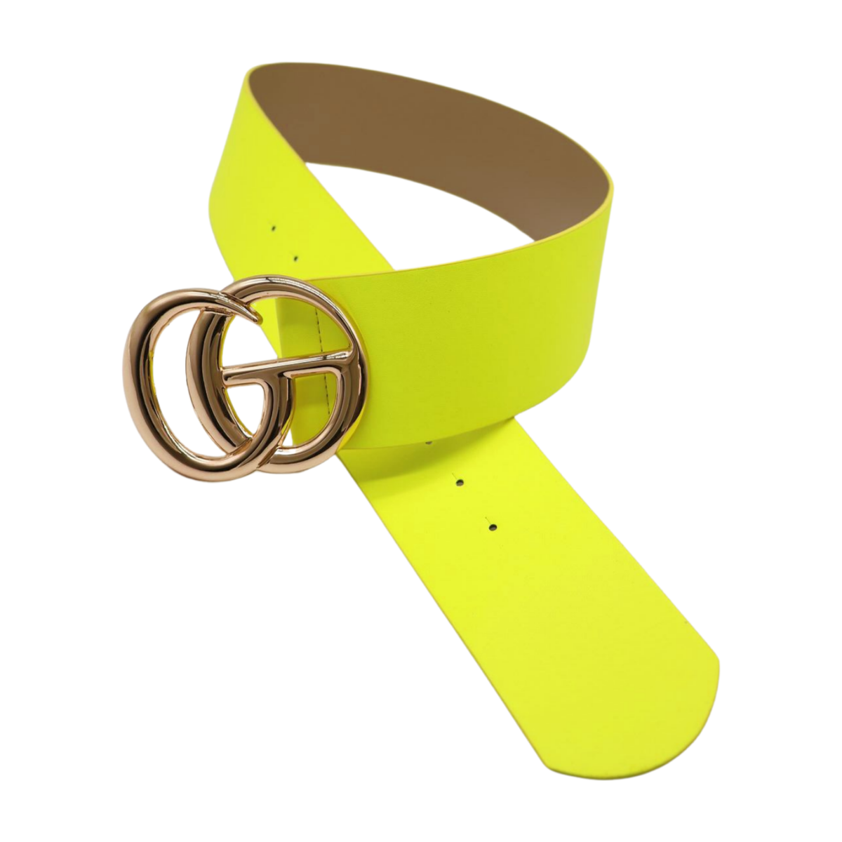 Women Neon Yellow Wide Faux Leather Hip Waist Belt Gold Metal