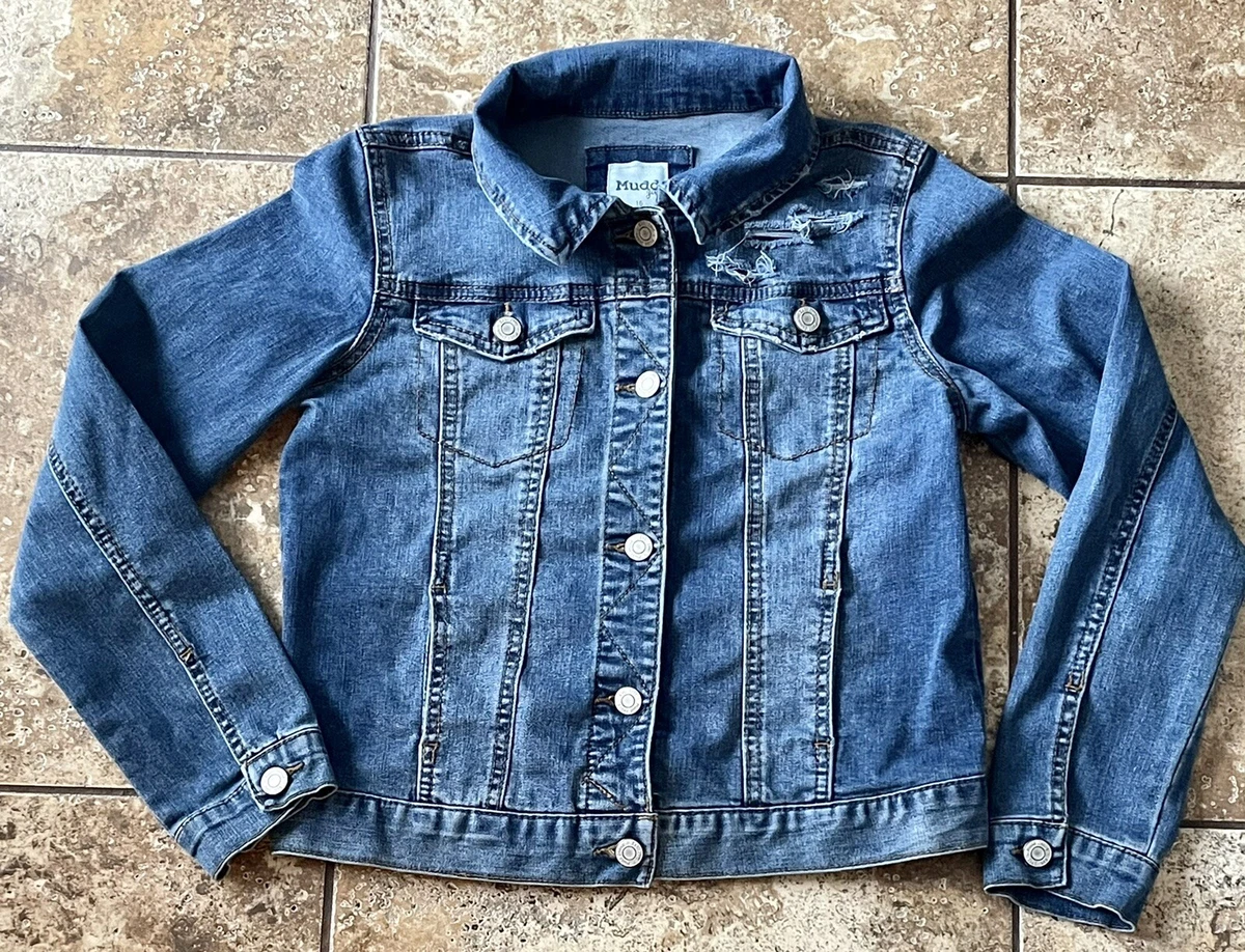 Mudd Girls Denim Blue Jean Jacket Distressed Juniors Size 16 Buttons Pockets