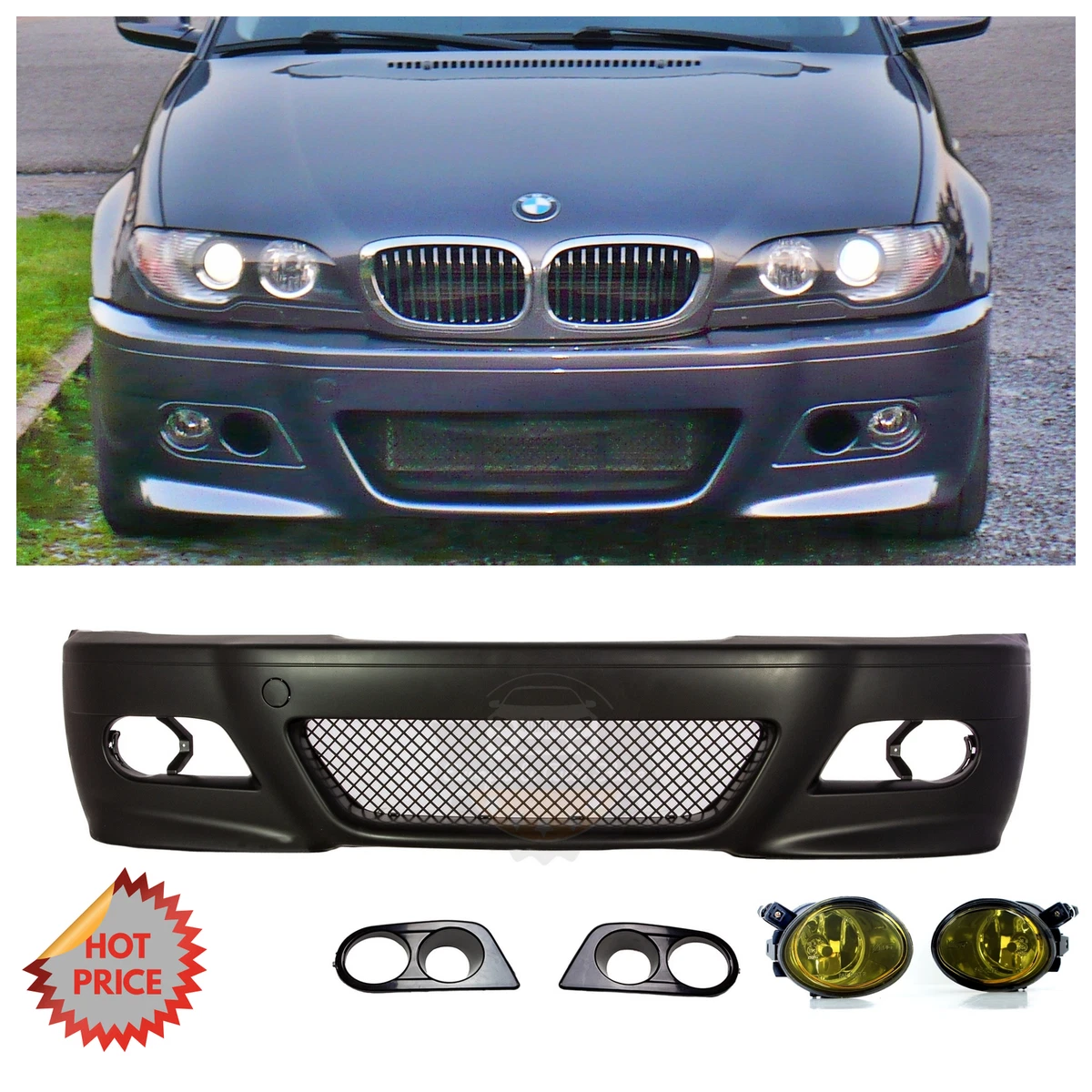 BMW E46 M3 STYLE FRONT BUMPER W AMBER FOG LIGHTS SPORTS COVERS