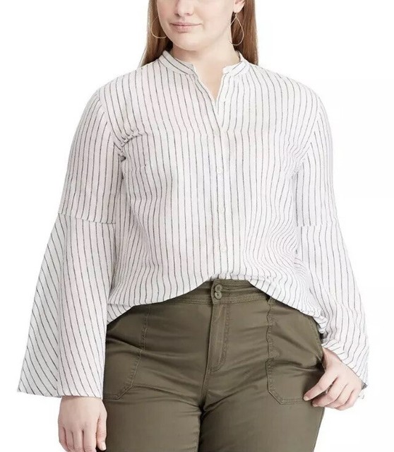 Chaps Womens Plus Size 0X Striped Linen Shirt Top Blouse Bell Sleeve Button 65 eBay