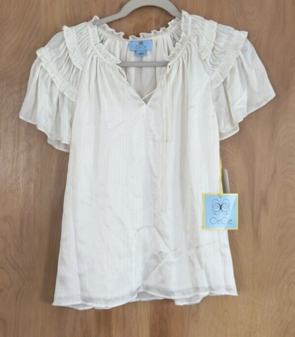NWT Cece Women's V-Neck Ruffle Sleeve Blouse Top Size S New Ivory