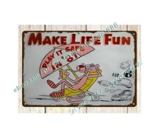 1981 Play It Safe Pink Panther make life fun metal tin sign at home decor
