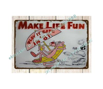 1981 Play It Safe Pink Panther make life fun metal tin sign at home decor