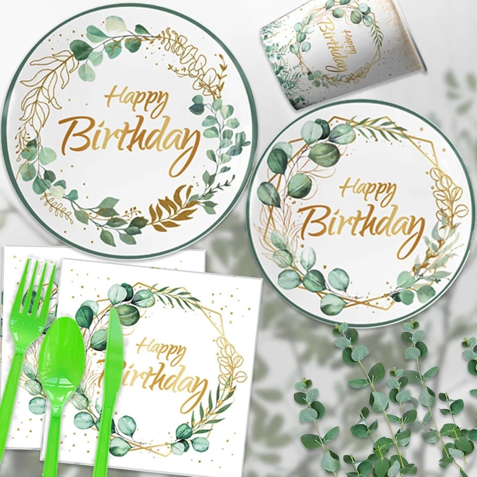 Juego de vajilla de fiesta de cumpleaños verde y dorado (platos, tazas, servilletas, utensilios) Foto 3 de 3