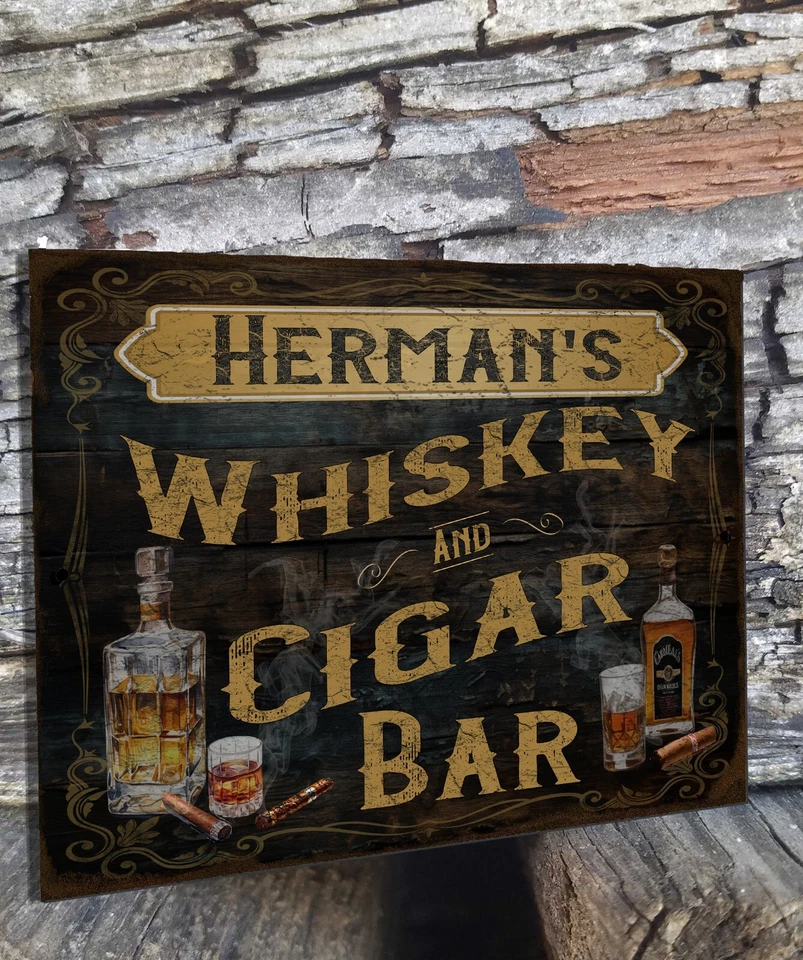 Personalized Whiskey & Cigar Bar Custom Man Cave 9" x 12" Rustic Metal Sign - Image 2 of 4