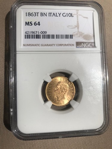 Rare 1863 BN Italy Gold 10 Lire NGC MS64