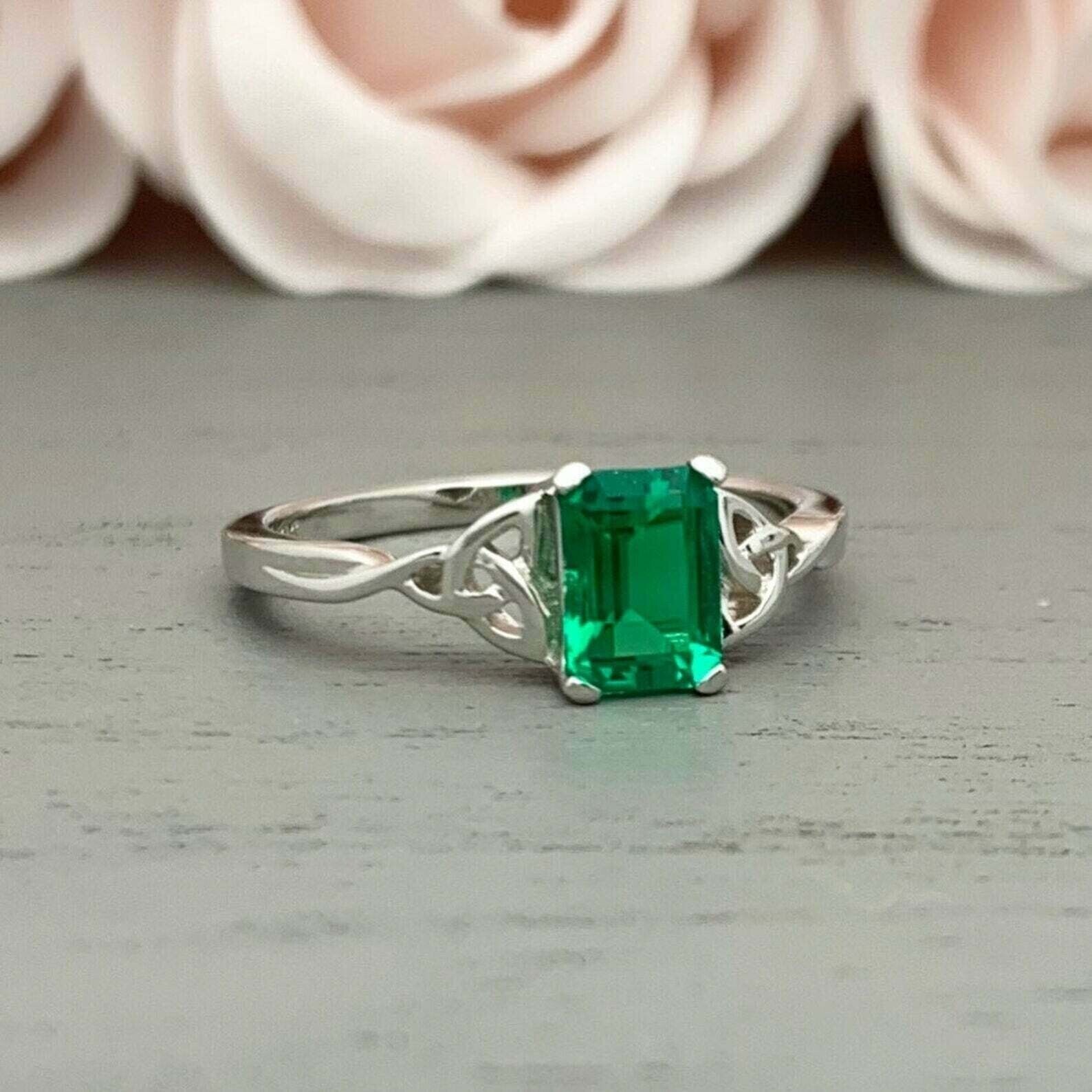 3Ct Emerald Simulated Engagement Ring in 14K White Gold Plated Silver