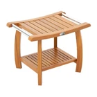 2-Tier Teak Wood Bath Storage Bench Shower Stool With Curved Seat and Handles