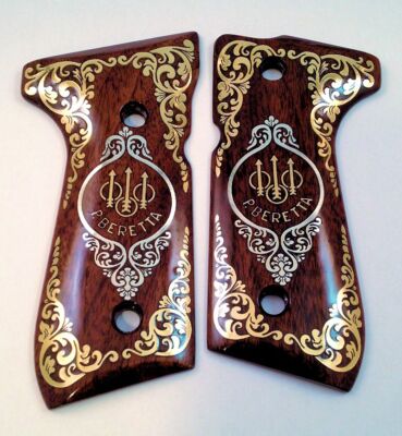 Beretta 92 92FS 96 custom engraved wood grips gold silver Trident