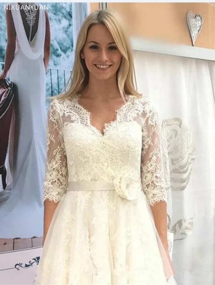 Short Lace Wedding Dresses 3/4 Sleeves Lace Appliques Tea Length Bridal Gowns - Image 3 of 4