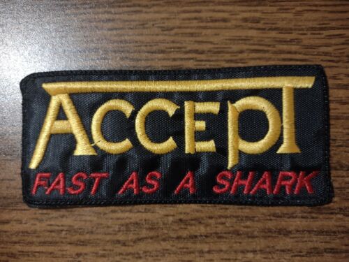 ACCEPT,FAST AS A SHARK,SEW ON GOLDEN AND RED EMBROIDERED PATCH - Picture 1 of 1