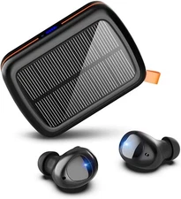Wireless Earbuds Solar Charging Case Bluetooth Waterproof Headset Headphones Mic