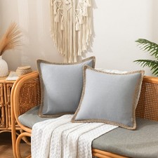 Set of 2 Throw Pillow Covers - Burlap Linen Trimmed Tailored Edges Decorative...