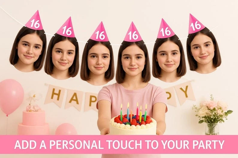 Banners personalizados de festa de aniversário para qualquer idade com chapéu de festa facial - Imagem 4 de 4
