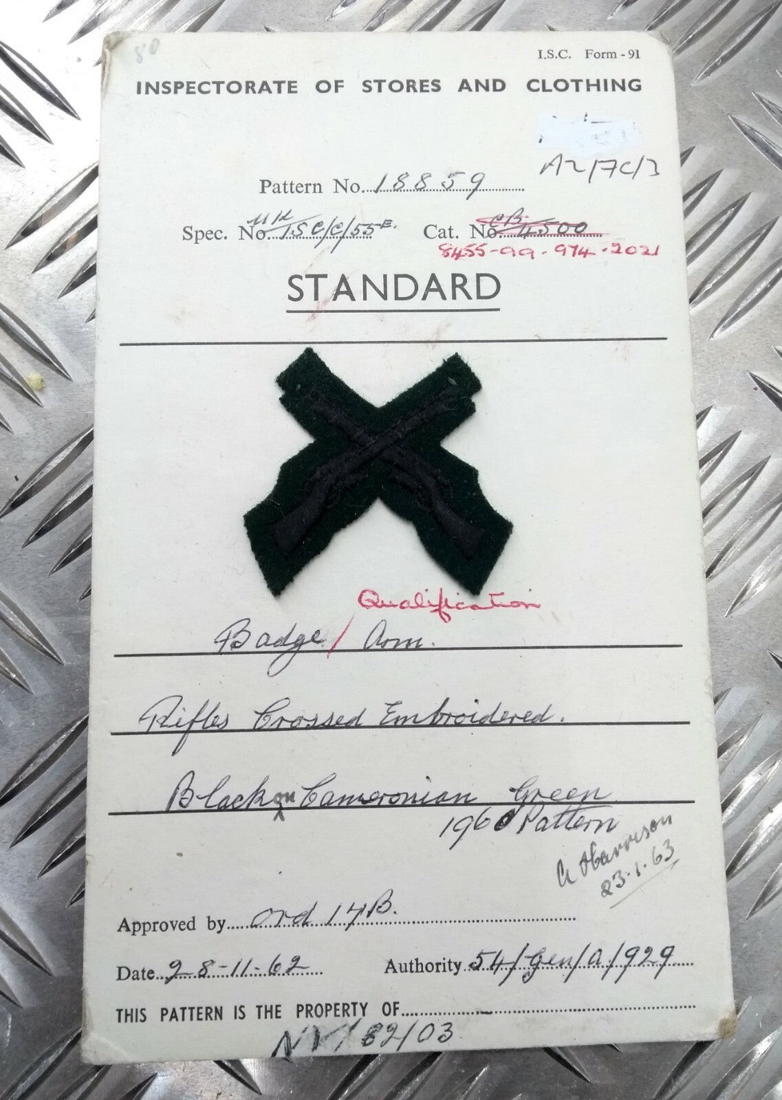 Tarjeta De Muestra De Inspección De Almacenes Y Ropa De La British Army 1962