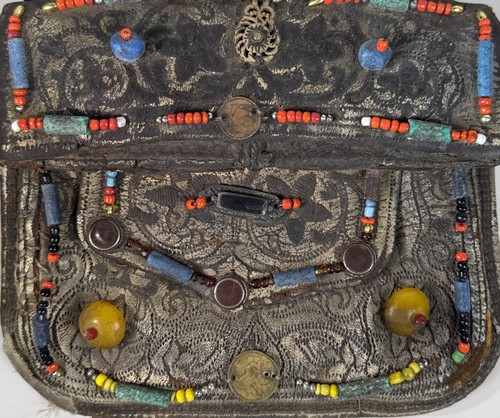 Antique Moroccan Berber Leather Shoulder Bag Beaded Tribal Folk Art Purse
