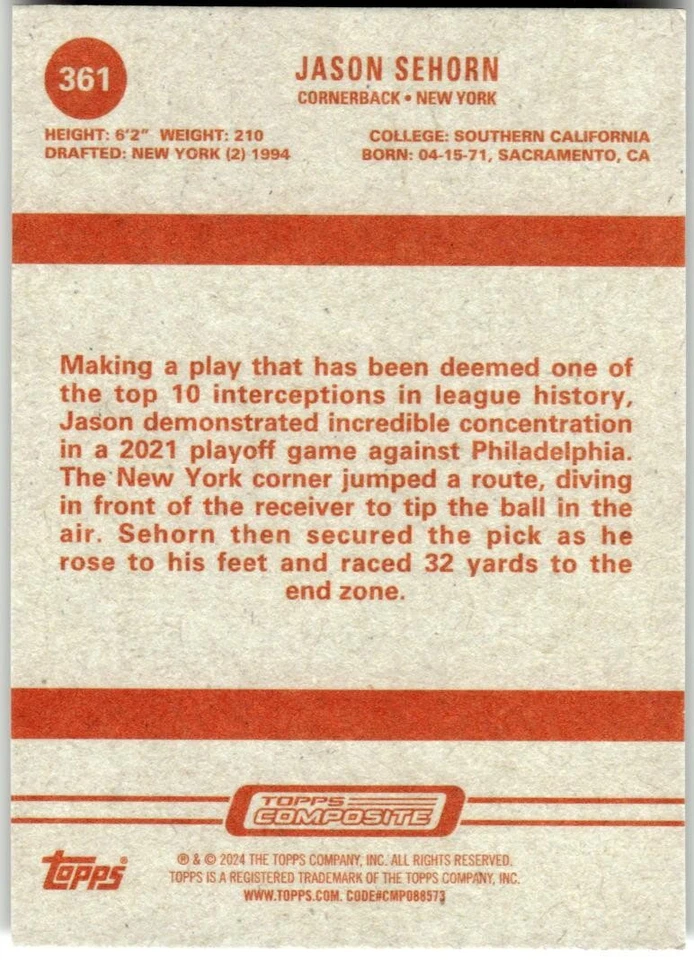 2023 Topps Composite #361 Jason Sehorn - Image 2 of 2