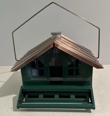 Metal Bird Feeder House Style Green Copper Roof Hanging Outdoor Garden