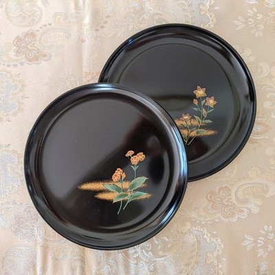 Kiso Lacquerware Floral Pattern Confectionery Plate Set of 2, Black, 18cm