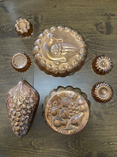7 Vintage Copper Molds 4 Mini 3 Big Lined Condition Varies SEE PHOTOS - Picture 1 of 20