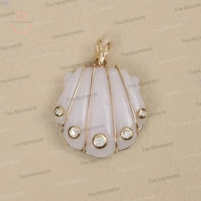 Natural Opal Gemstone & Diamond Shell Pendant 14k Gold/925 Silver Charm Jewelry