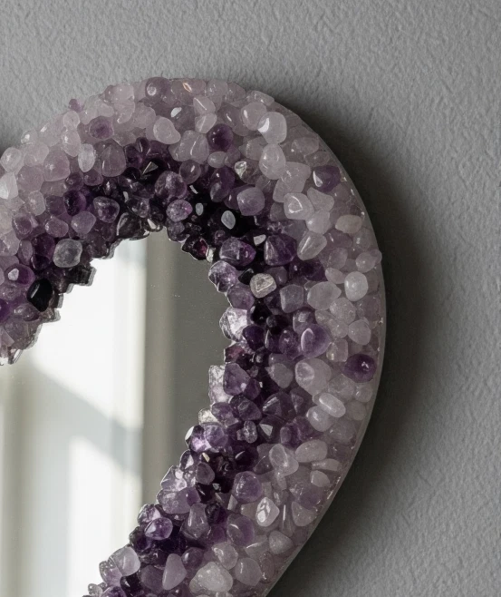 Quartzo esfumaçado moderno com pedra de quartzo ametista feito à mão espelho de coração para presentes - Imagem 2 de 4