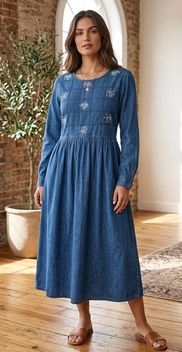 knee length dresses for ladies Puff-Sleeve Denim Midaxi Dress – Ro&Zo main image 1