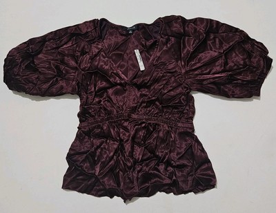Madewell Blouse Shirred Puff-Sleeve Top V-neck in Satin Cabernet Size Medium