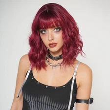 Burgundy Short Bob Wavy Wig with Bang 15 Inch Wine Red Wig with Dark Root Syn...