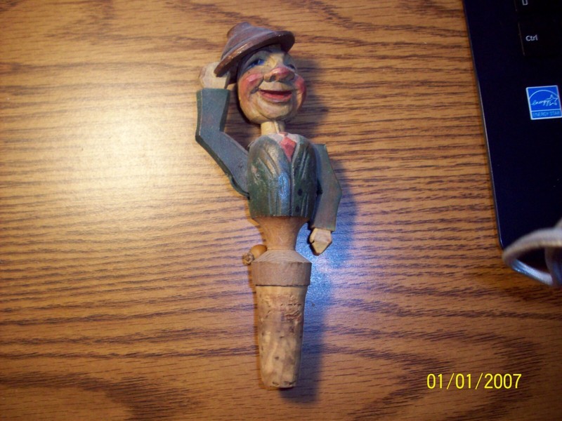 MECHANICAL GERMAN WINE CORK STOPPER . MAN TIPPING HAT.  ALL WOOD VINTAGE