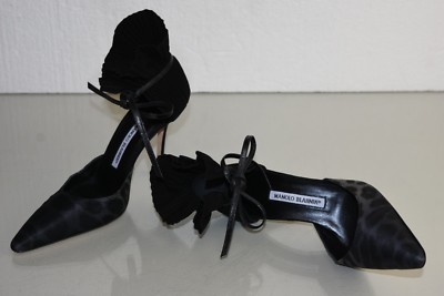 Escarpins Manolo Blahnik PETASETA - Noir/gris Léopard Satin Daim - Taille 40 - Neufs Sans Boîte