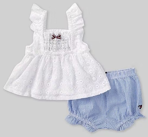 NWT, Baby Girls Tommy Hilfiger Eyelet Top & Seersucker Bloomers Set. 12 Months - Picture 1 of 2