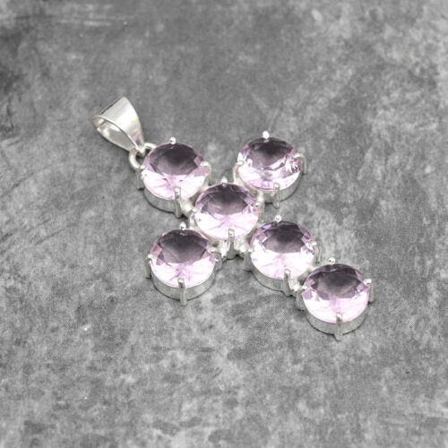 Natural Pink Kunzite Gemstone Cross Pendant 925 Sterling Silver Handmade Jewelry - Picture 4 of 5