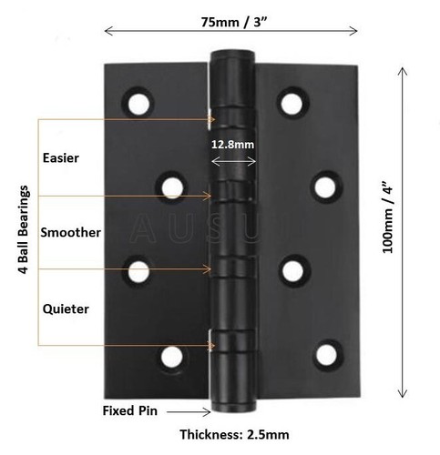 Black 100mm X 75mm 4" X 3" Stainless Steel Door Butt Hinges Ball Bearing - Picture 2 of 3