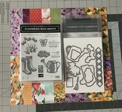 Stampin Up FLOWERING RAIN BOOTS Stamps & Dies Set & 12 (6 x6 ) DSP Sheets *NEW*