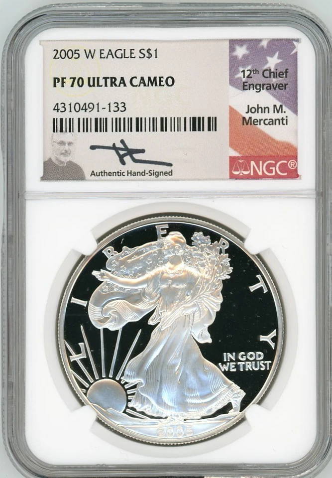 2005 W $1 1oz Proof Silver Eagle PR70 NGC John Mercanti - Image 3 of 4