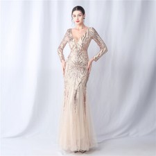 Women Luxury Sequin Gown Deep V-Neck Formal Elegant Evening Dress Party