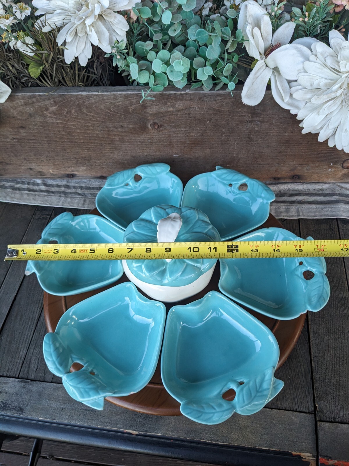 Vintage Hoenig of California Turquoise & White Ceramic Apples Lazy Susan Tray