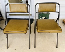 2pc Vintage MCM Cosco Bronze Metal Folding Card Chairs Gold Vinyl Brown Trim