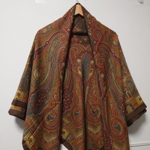 ETRO large scarf shawl 135cm 53″ square wool silk Paisley orange red brown - Picture 3 of 10
