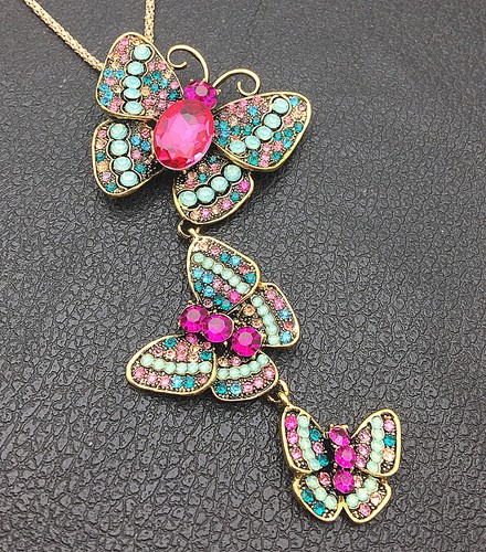 Multi-Color Crystal Three Butterfly Pendant Long Necklace/Brooch - Picture 2 of 4