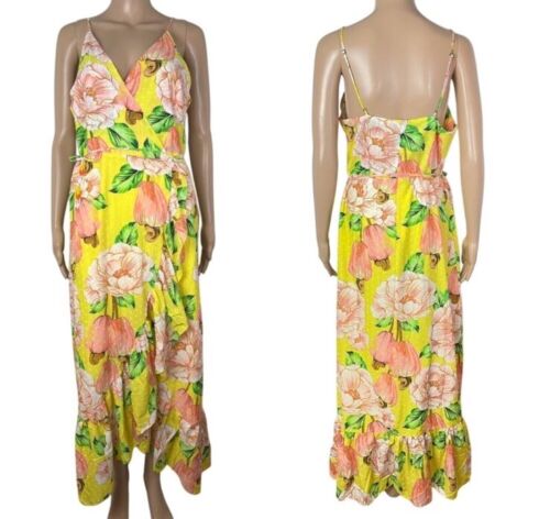 Farm Rio New Floral Yellow Tropical Print Wrap Midi Dress Size M