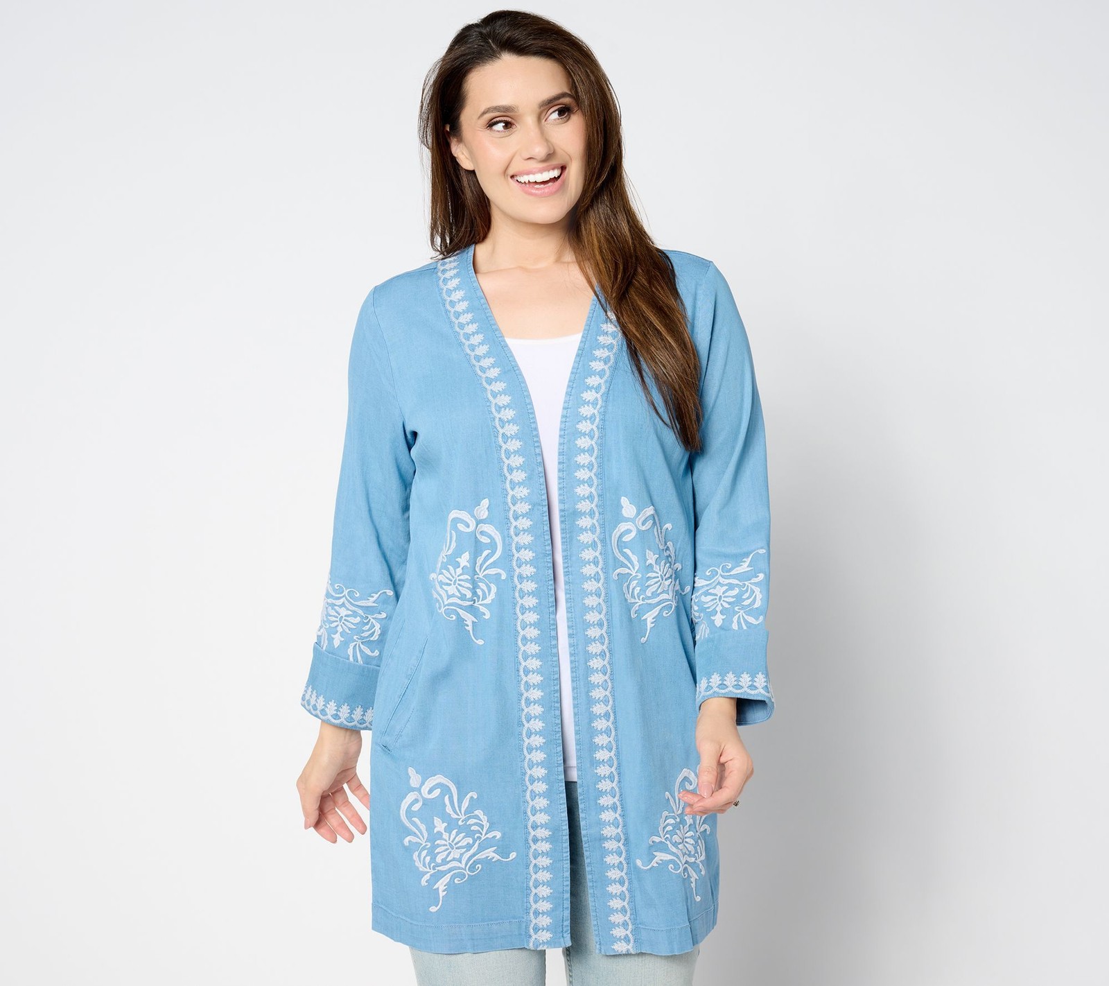 Susan Graver Women's Jacket Sz M Regular Open Front Chambray with Blue A641719