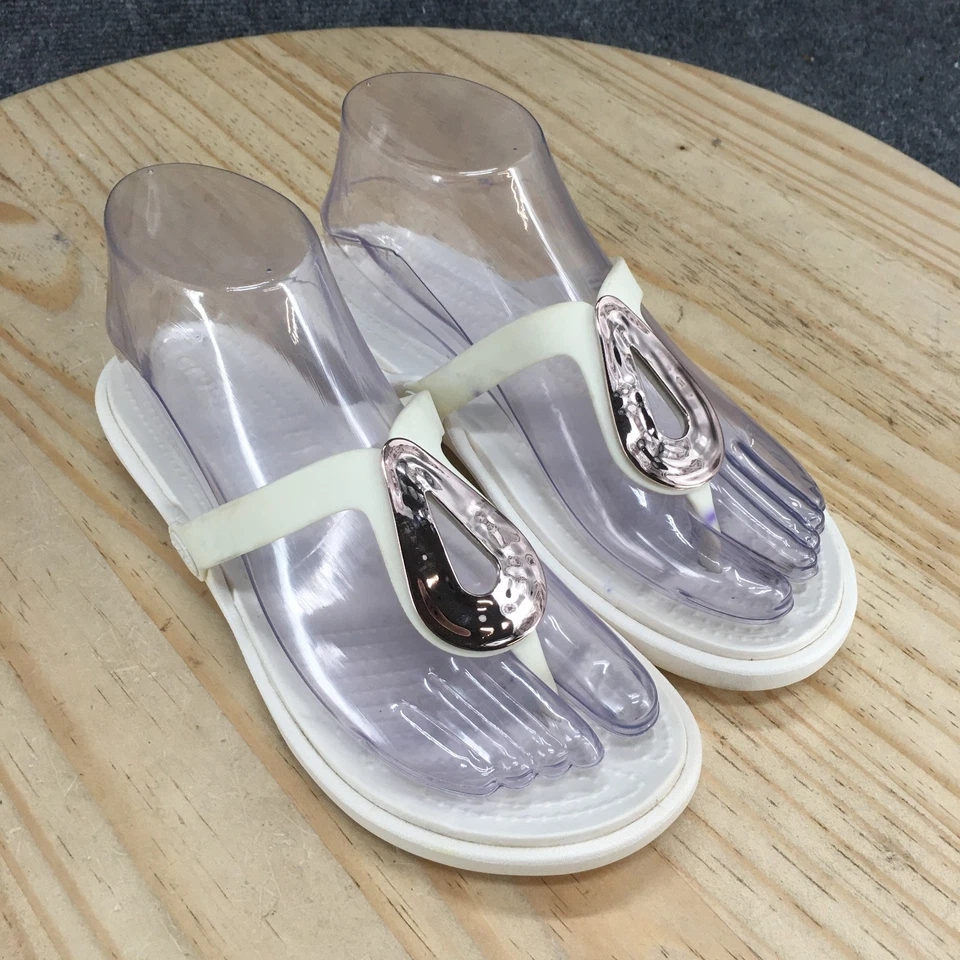 Sandalias Crocs para mujer 6 tangas blancas dobles cómodas sin cordones punta abierta informales planas Foto 3 de 4