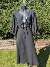 Boohoo Size 16 Black Cotton Blend Balloon Sleeve Open Back Summer Midi Dress
