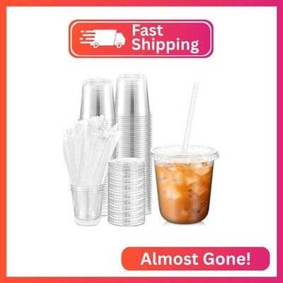 Ziliny 50 Sets 12oz Clear Plastic Cups with Lids and Straws Disposable Cups